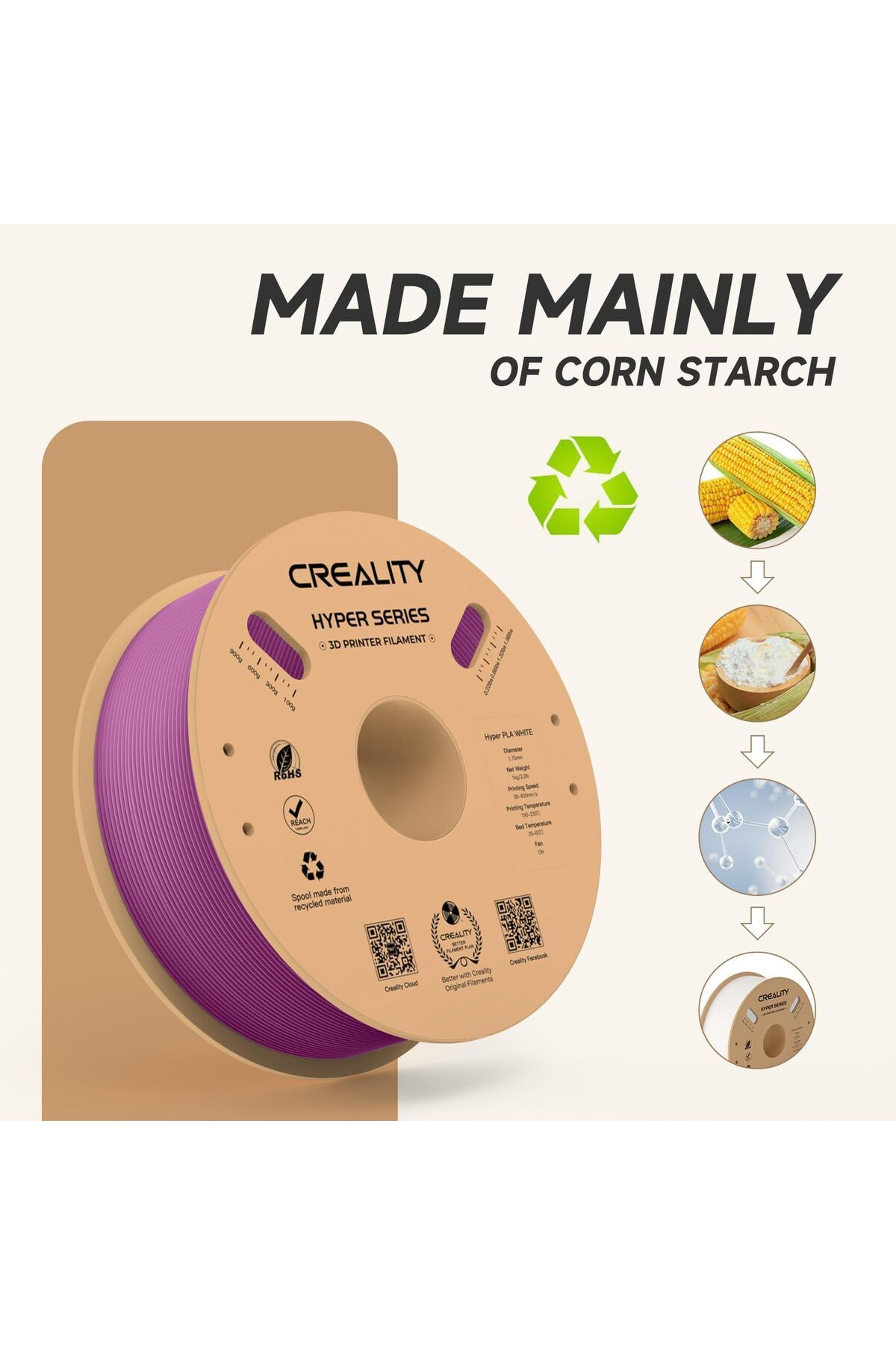 Mısır, mısır tozu ve moleküllerin yanında mor 3D yazıcı filament makarası.