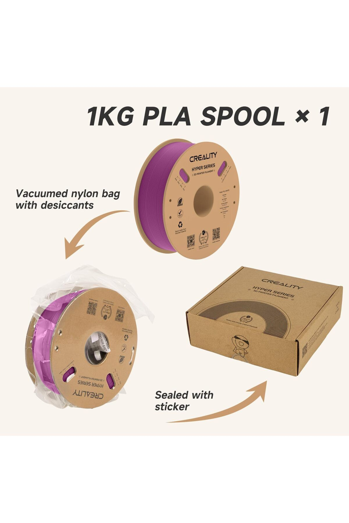 1kg'lık mor PLA filament makarası, kurutucu ile vakumlanmış, kutulu ürün.
