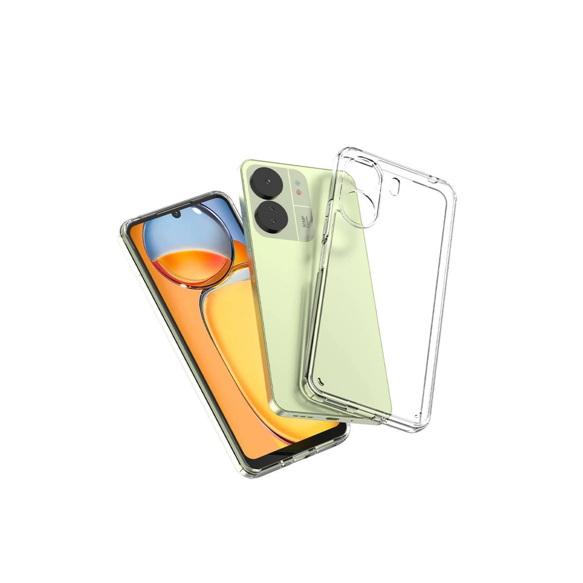 Şeffaf telefon kılıfı, iki siyah kamerası olan açık yeşil bir akıllı telefonun yanında gösteriliyor.