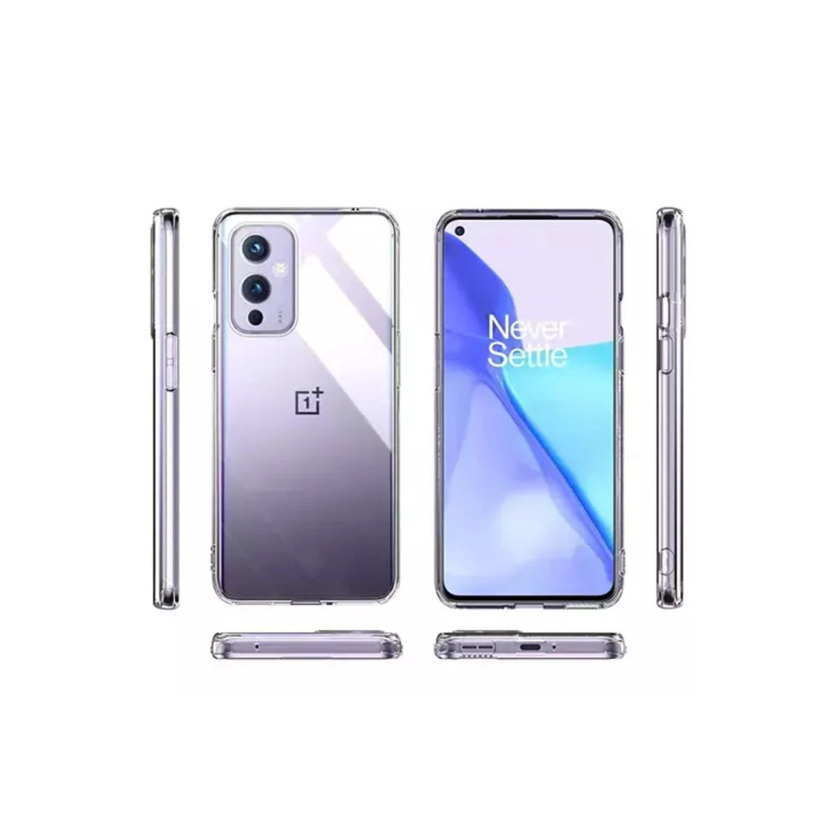 Şeffaf akıllı telefon kılıfı çeşitli açılardan gösteriliyor.