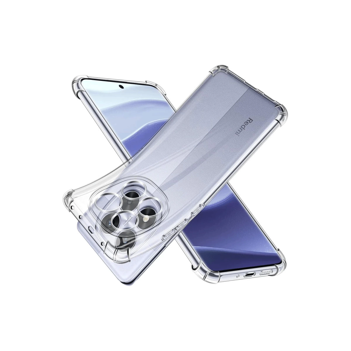 Beyaz arka plan üzerinde kamera sistemli iki şeffaf telefon kılıfı.