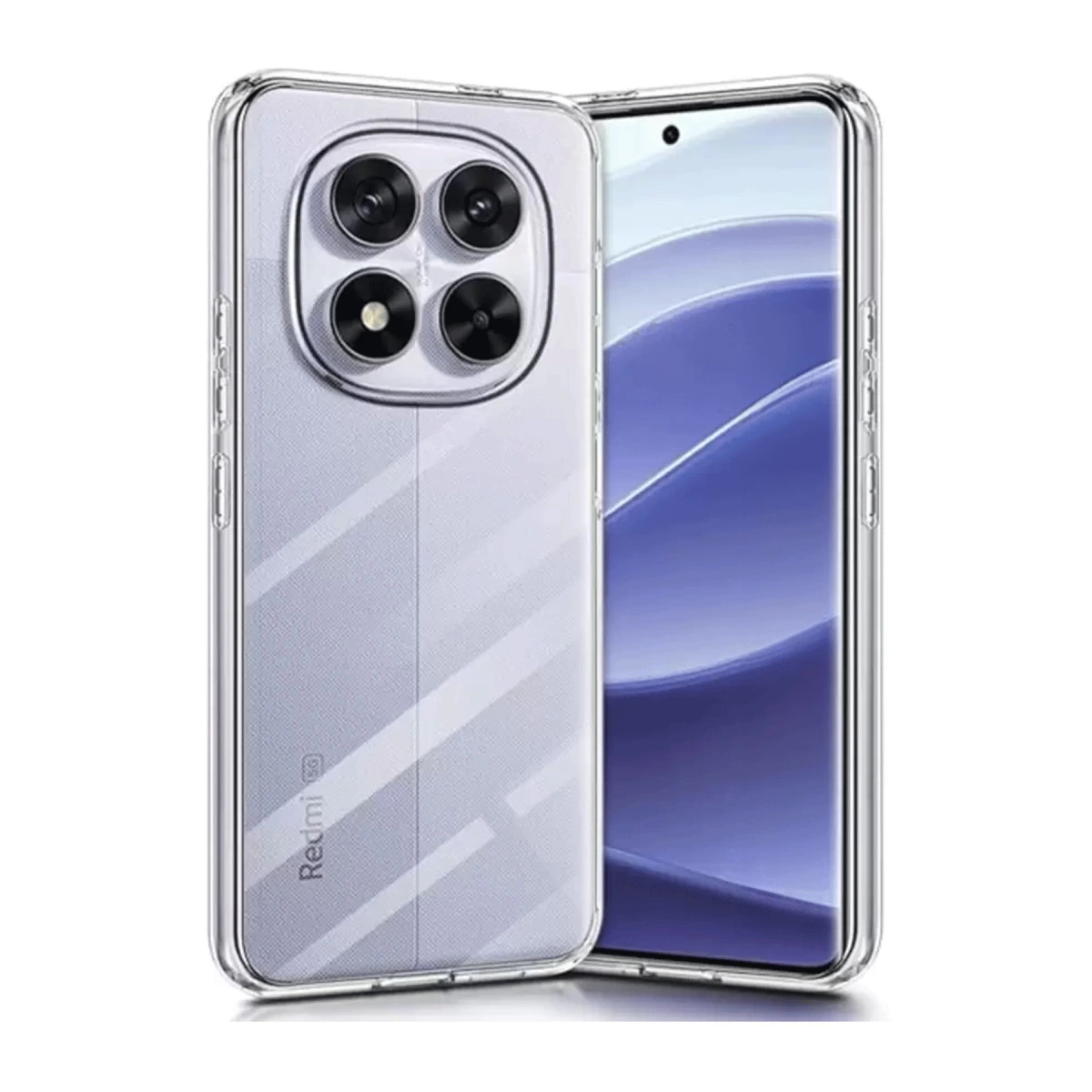 Dört kamera lensli ve Redmi 5G logosu olan şeffaf telefon kılıfı.