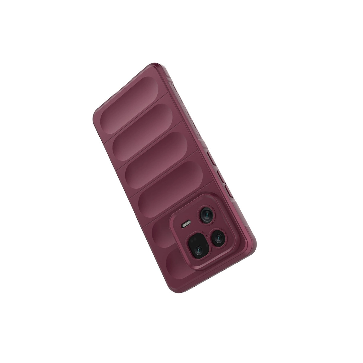 Yükseltilmiş yatay çıkıntılara ve kamera kesimine sahip bordo telefon kılıfı.