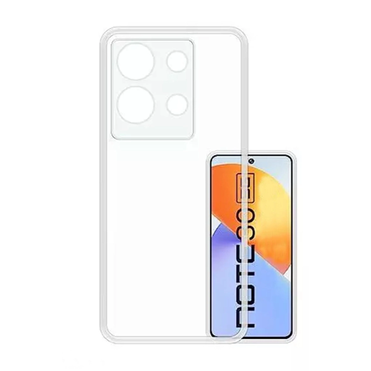 Dört kamera ve ekranın bir kısmı için kesikleri olan şeffaf telefon kılıfı.
