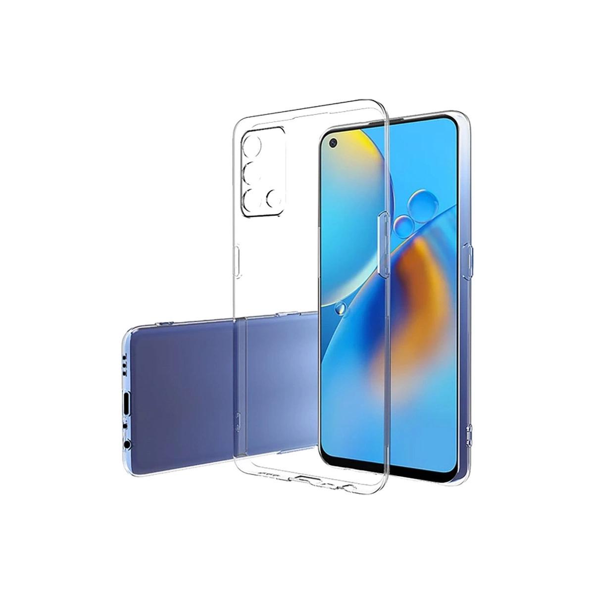 Mavi ekranlı mor bir akıllı telefon üzerinde şeffaf telefon kılıfı gösteriliyor.