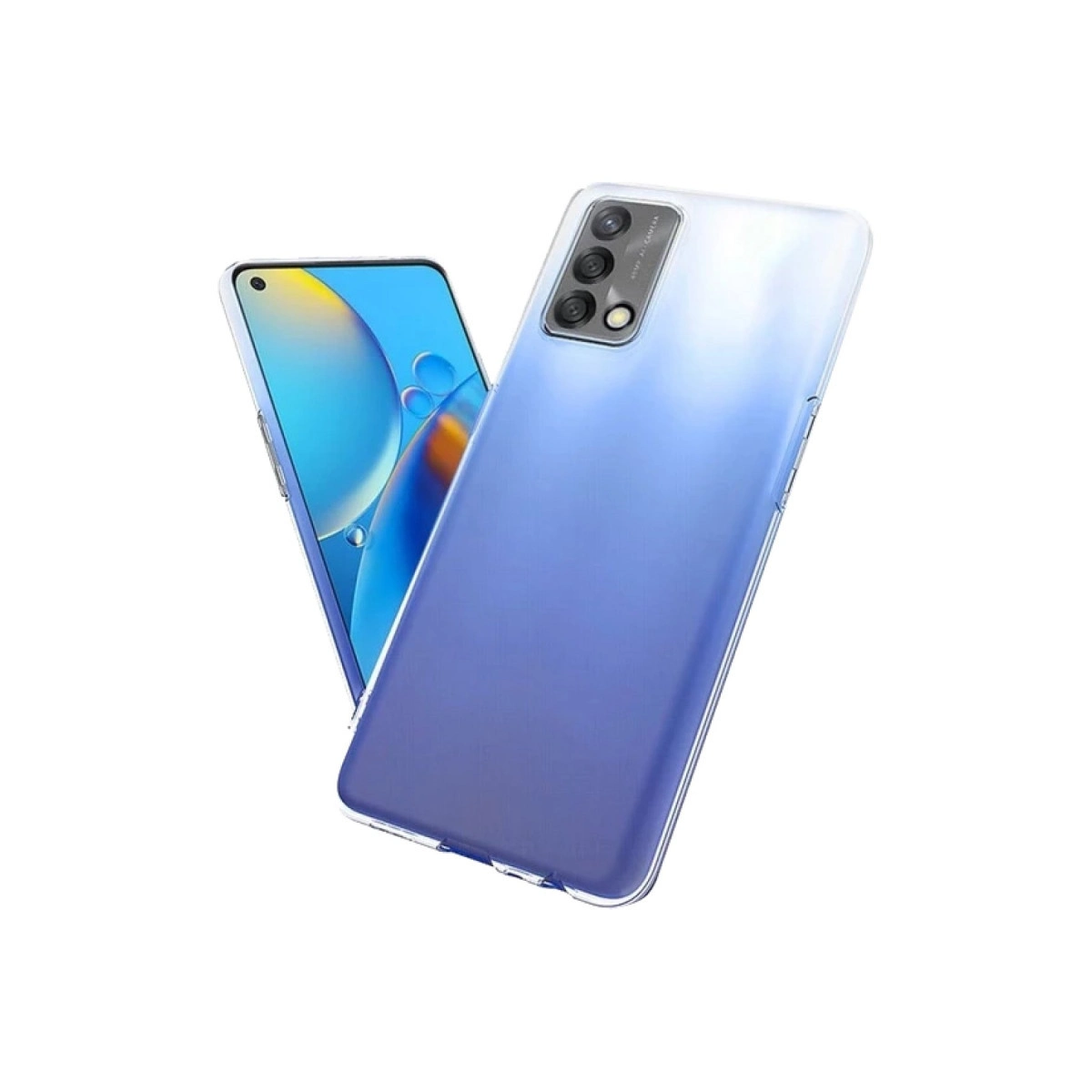 Kare kamera adasına sahip mavi bir akıllı telefon üzerinde şeffaf kılıf.