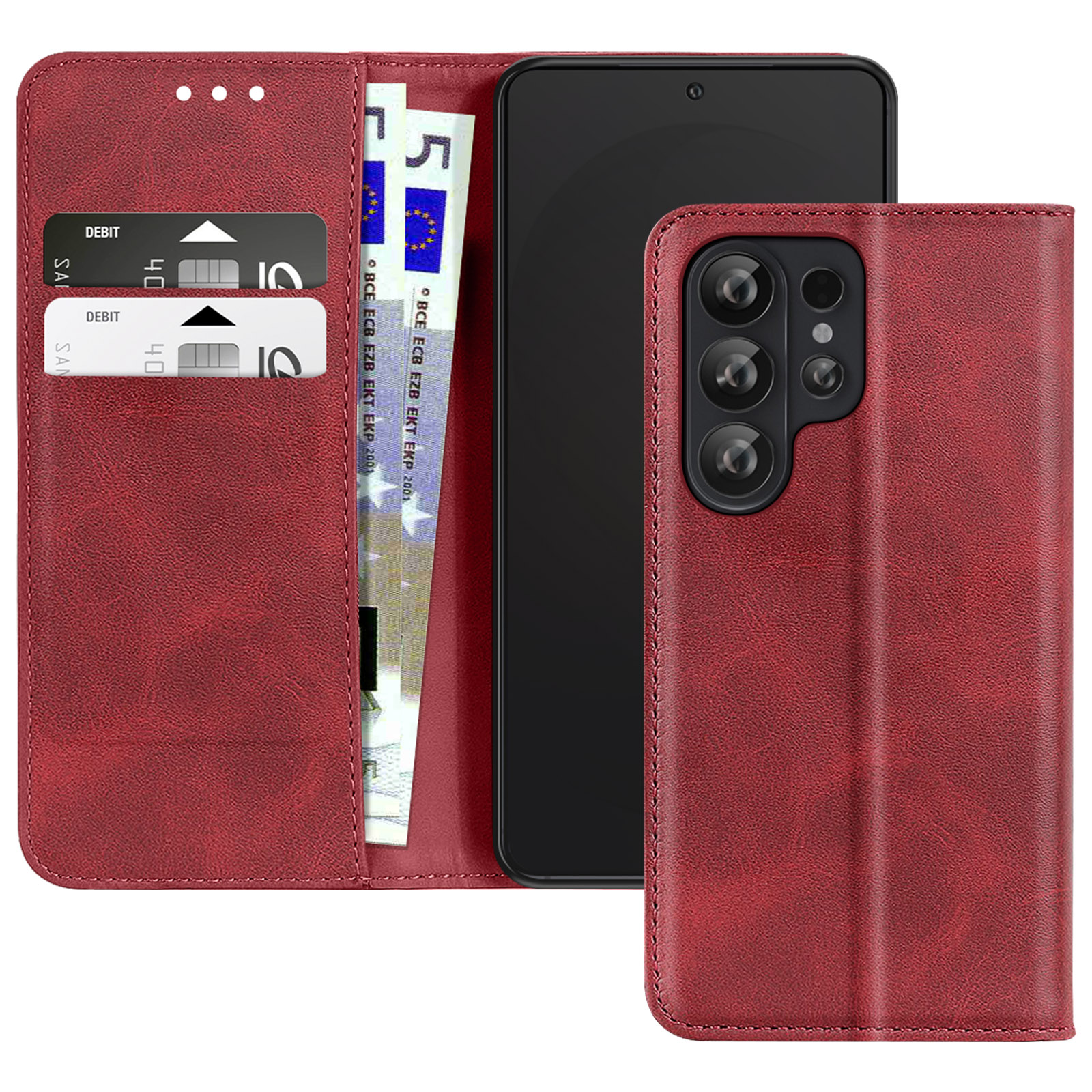 Custodia a portafoglio in pelle rossa con telefono, carte e banconote.