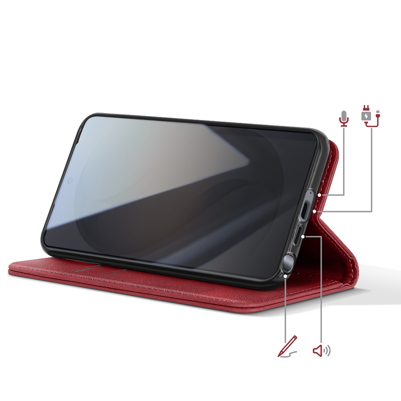 Custodia rossa per telefono con smartphone, aperta su un lato.