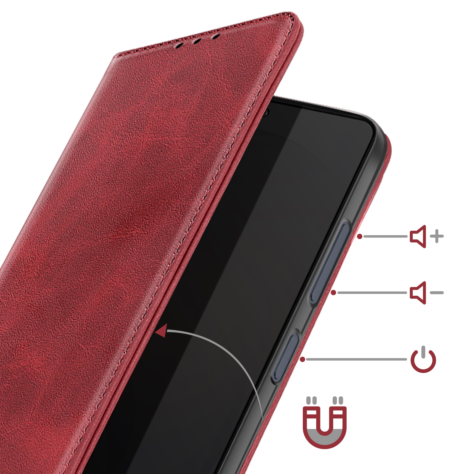 Custodia rossa per telefono con chiusura magnetica e icone volume/accensione.