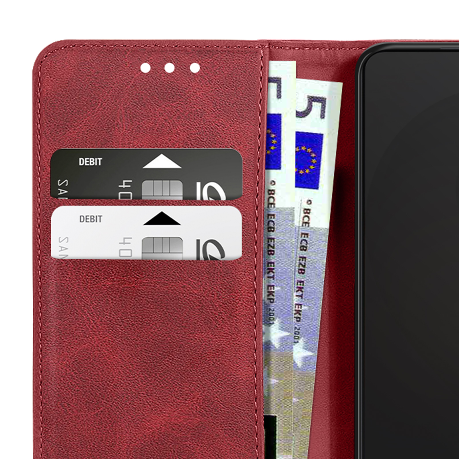 Custodia rossa con due slot per carte, carte di debito e banconote.