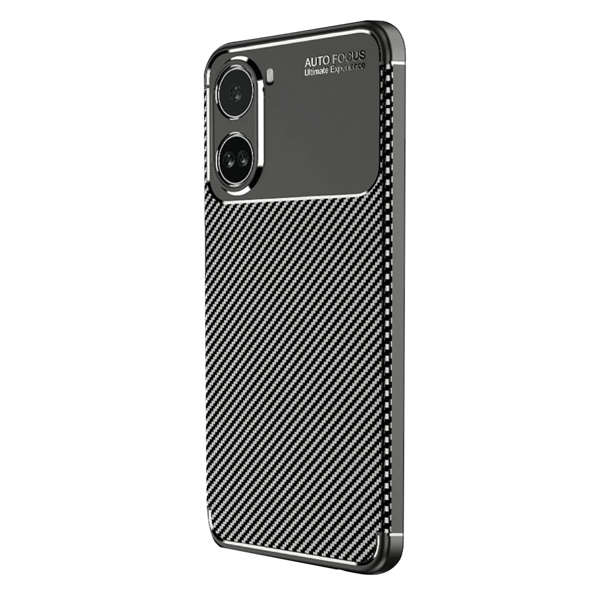 Karbon fiber desenli ve üç kameralı siyah telefon kılıfının arkası.