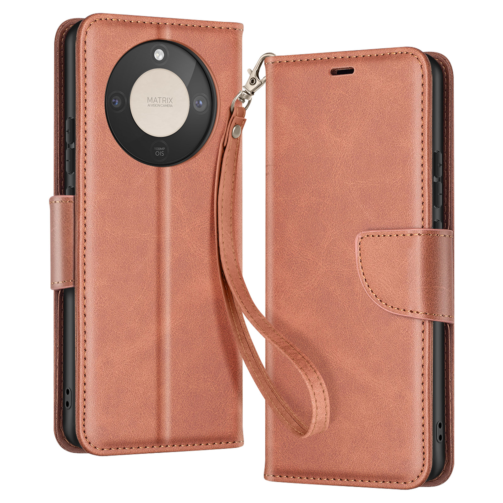 Custodia in pelle marrone per telefono con protezione fotocamera.