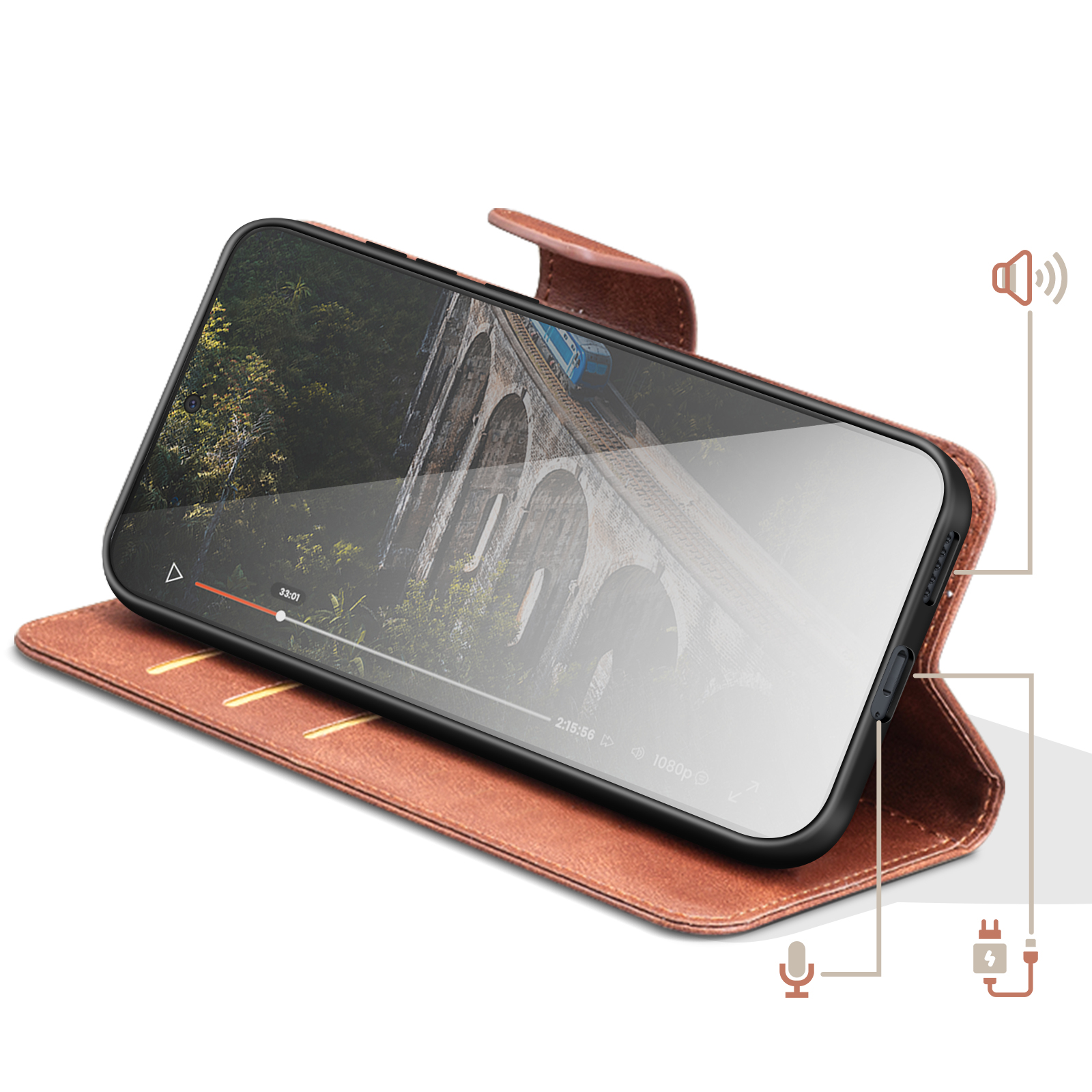 Custodia a libro in pelle marrone per smartphone con riproduzione video.