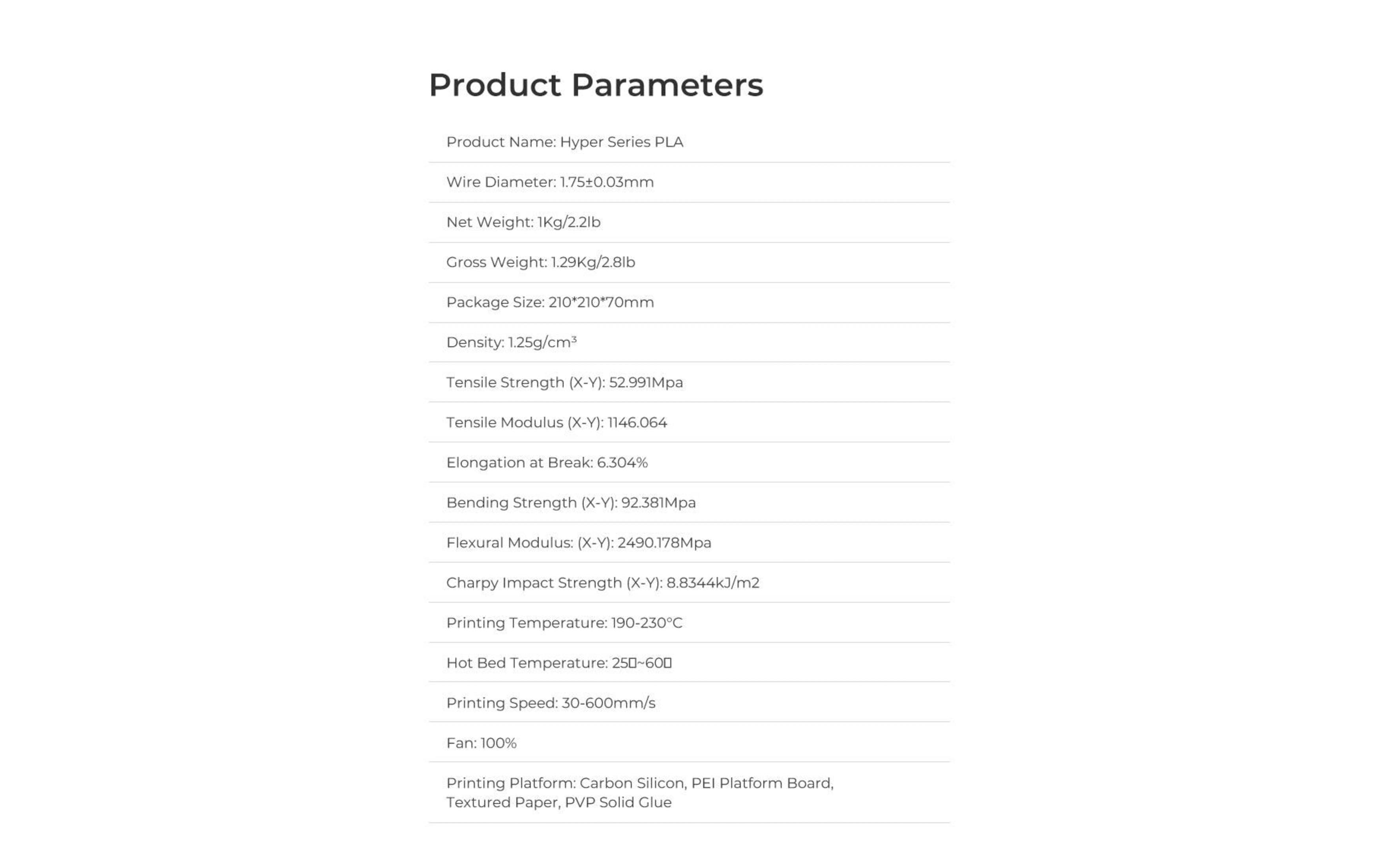 Ürün parametreleri: Hyper Series PLA, tel çapı 1,75 mm, net ağırlık 1 kg, yoğunluk 1,25 g/cm³.