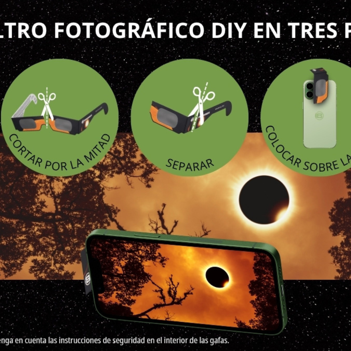 Instrucciones filtro foto DIY: Cortar gafas, separar, colocar en móvil.