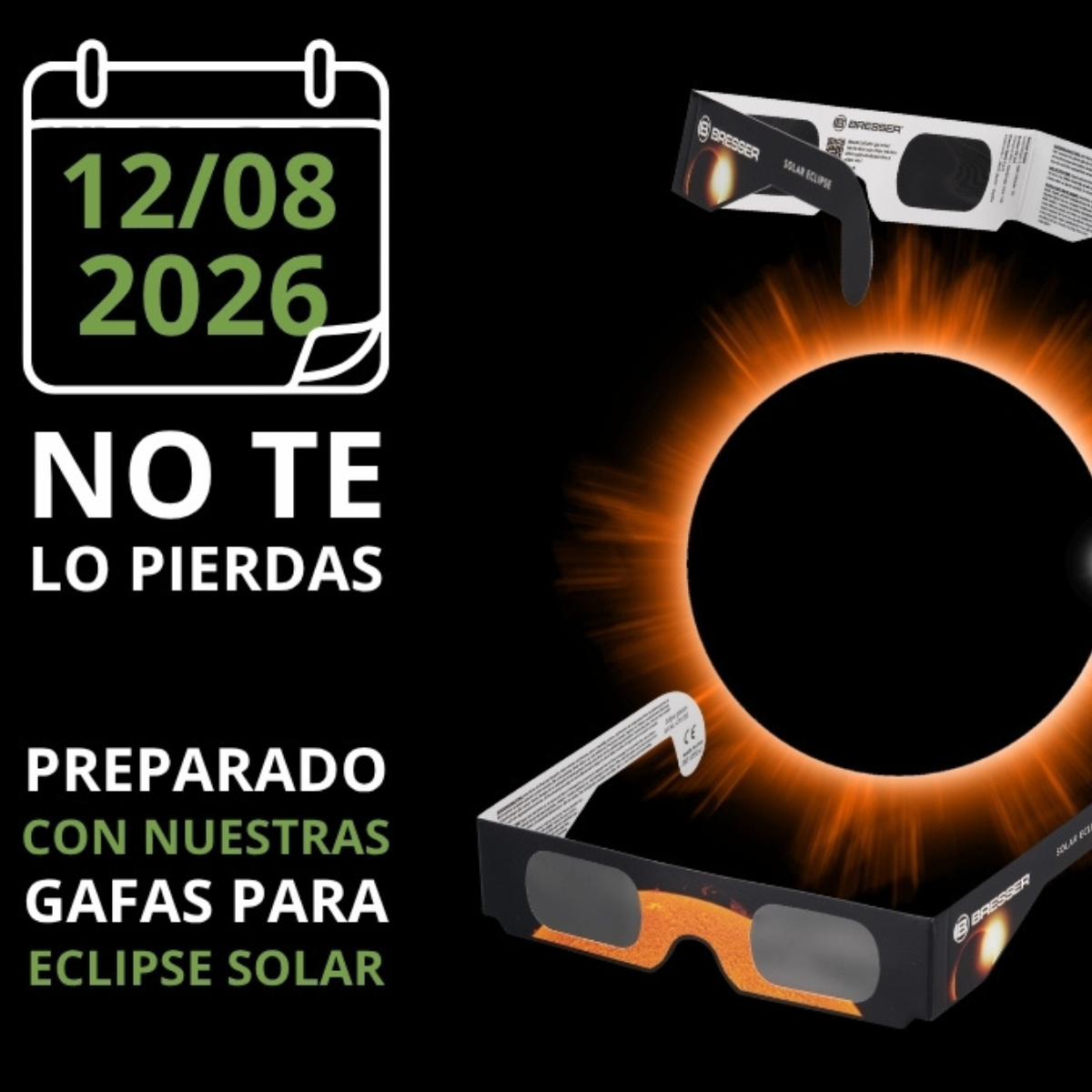 Gafas para eclipse solar y fecha 12/08/2026 para un evento.