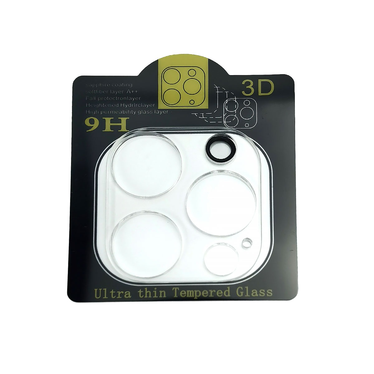 Opakowanie 3D Ultra cienkiego szkła hartowanego, pokazujące przezroczystą osłonę obiektywu z czterema okręgami.