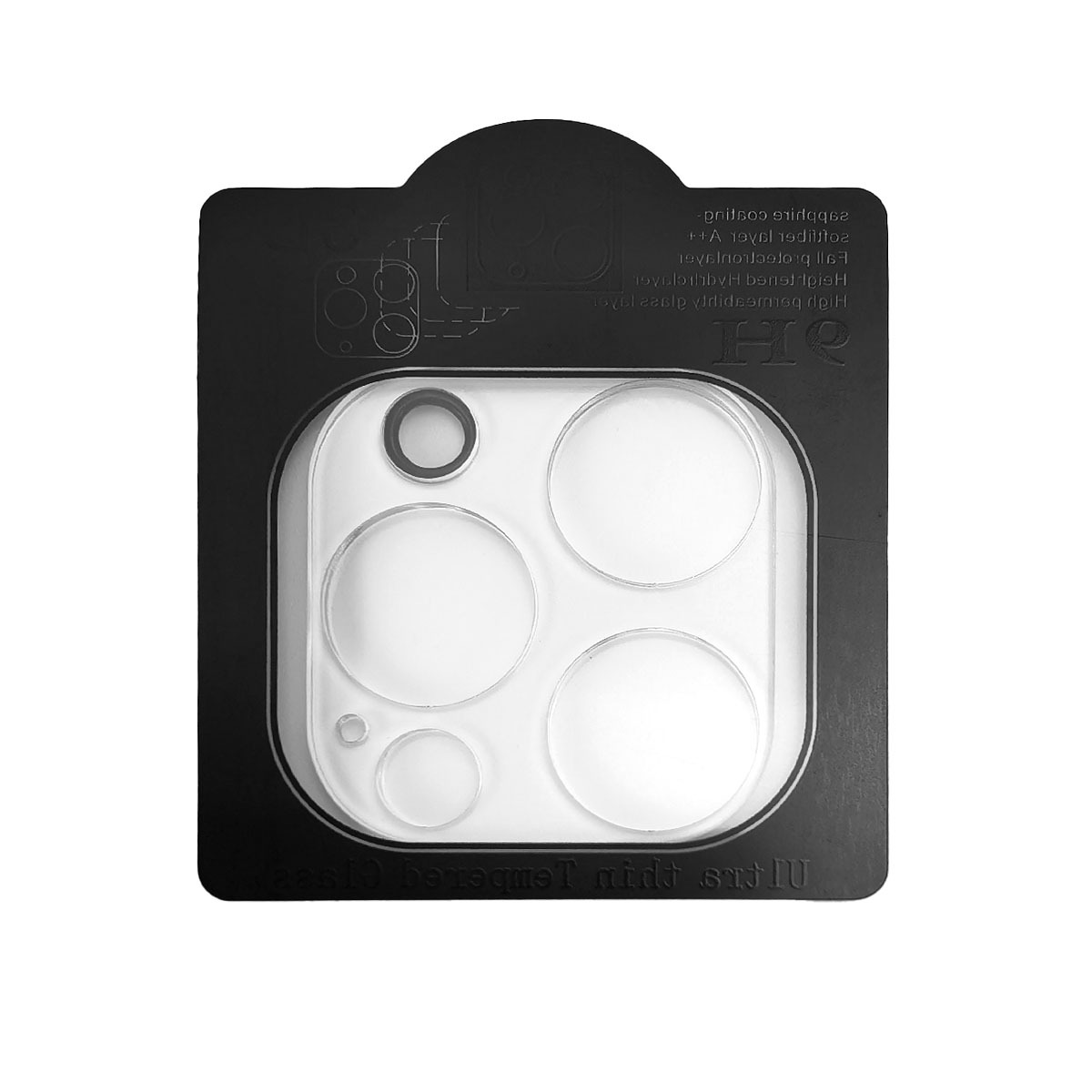 Czarne opakowanie zawiera przezroczystą formę z okrągłymi wycięciami na obiektywy aparatu.