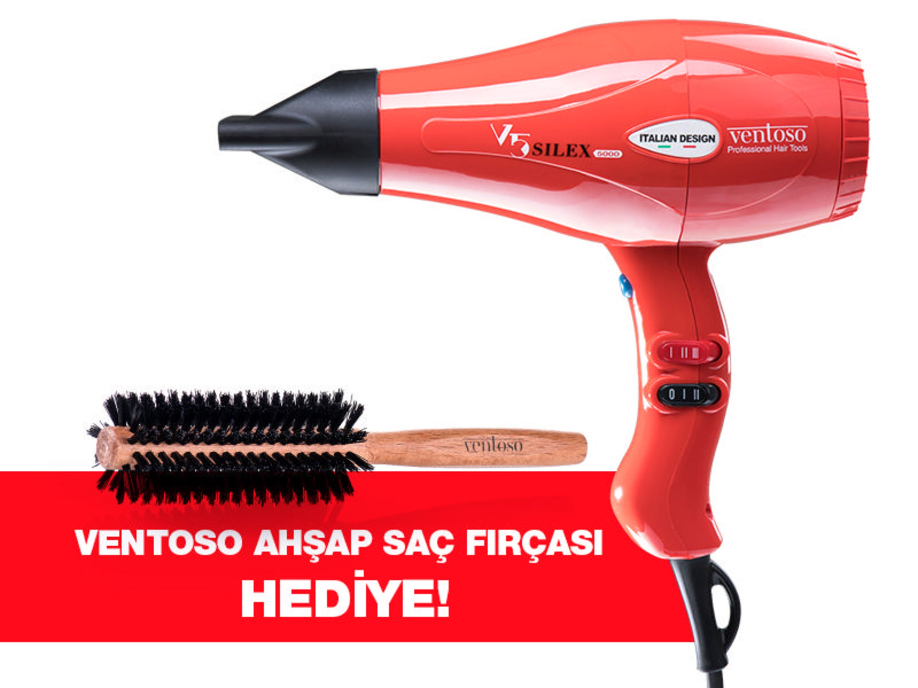 VENTOSO V5 Silex5000 (Fırça Hediyeli) 2500 W Fön Makinesi Kırmızı