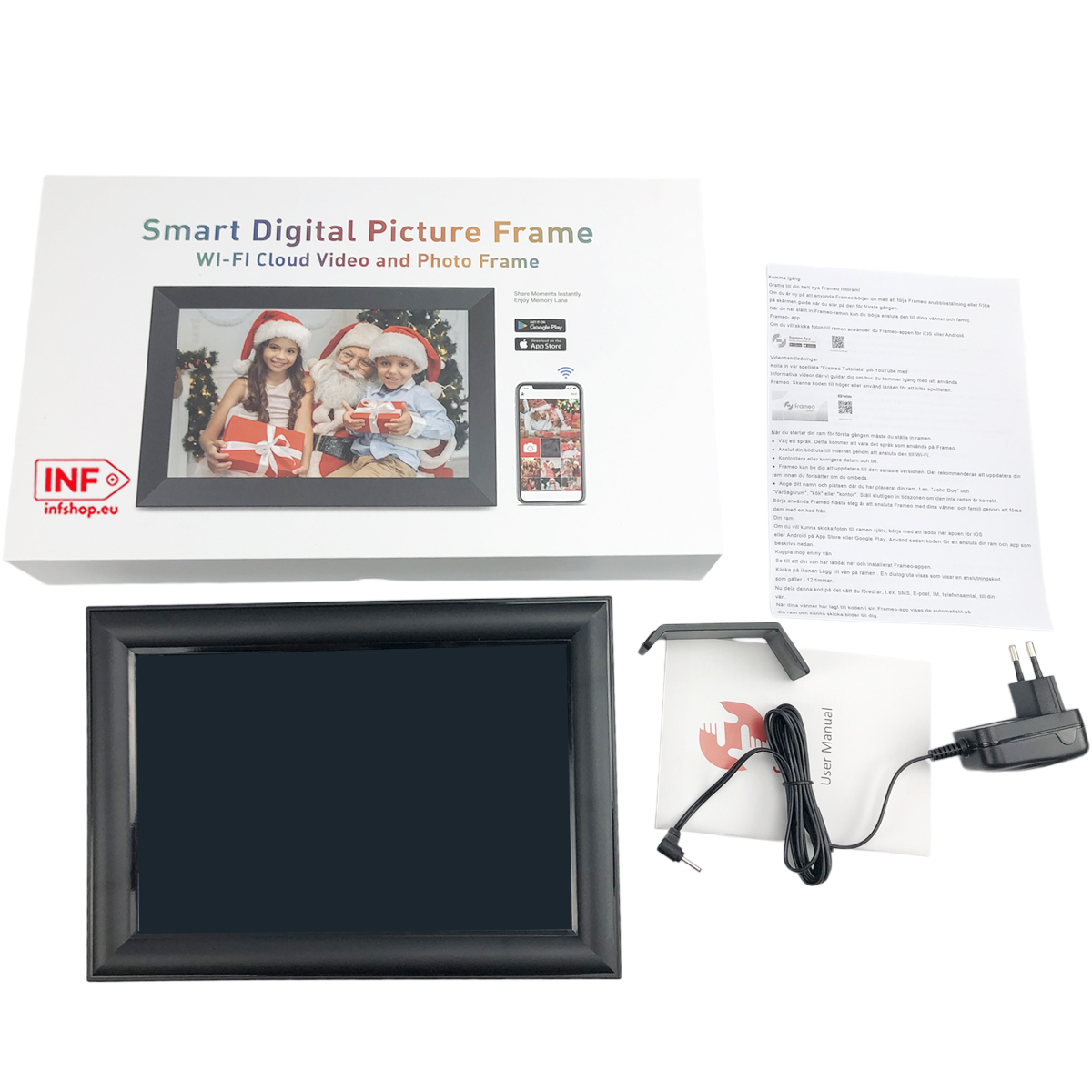 A smart digital photo frame with accessories, including a power adapter and user manual.