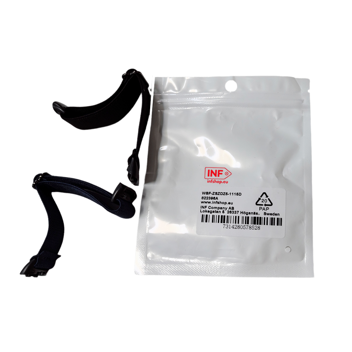 Dwa czarne paski z klamrami obok białego opakowania z informacjami o produkcie.