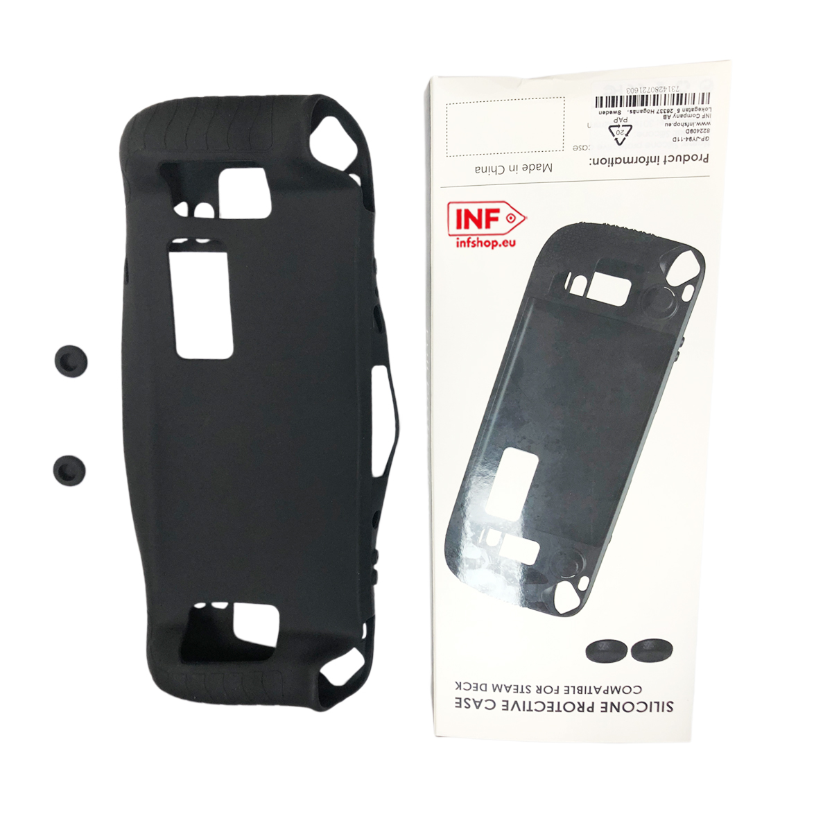 Custodia in silicone nera per Steam Deck con due piccoli pulsanti accanto.