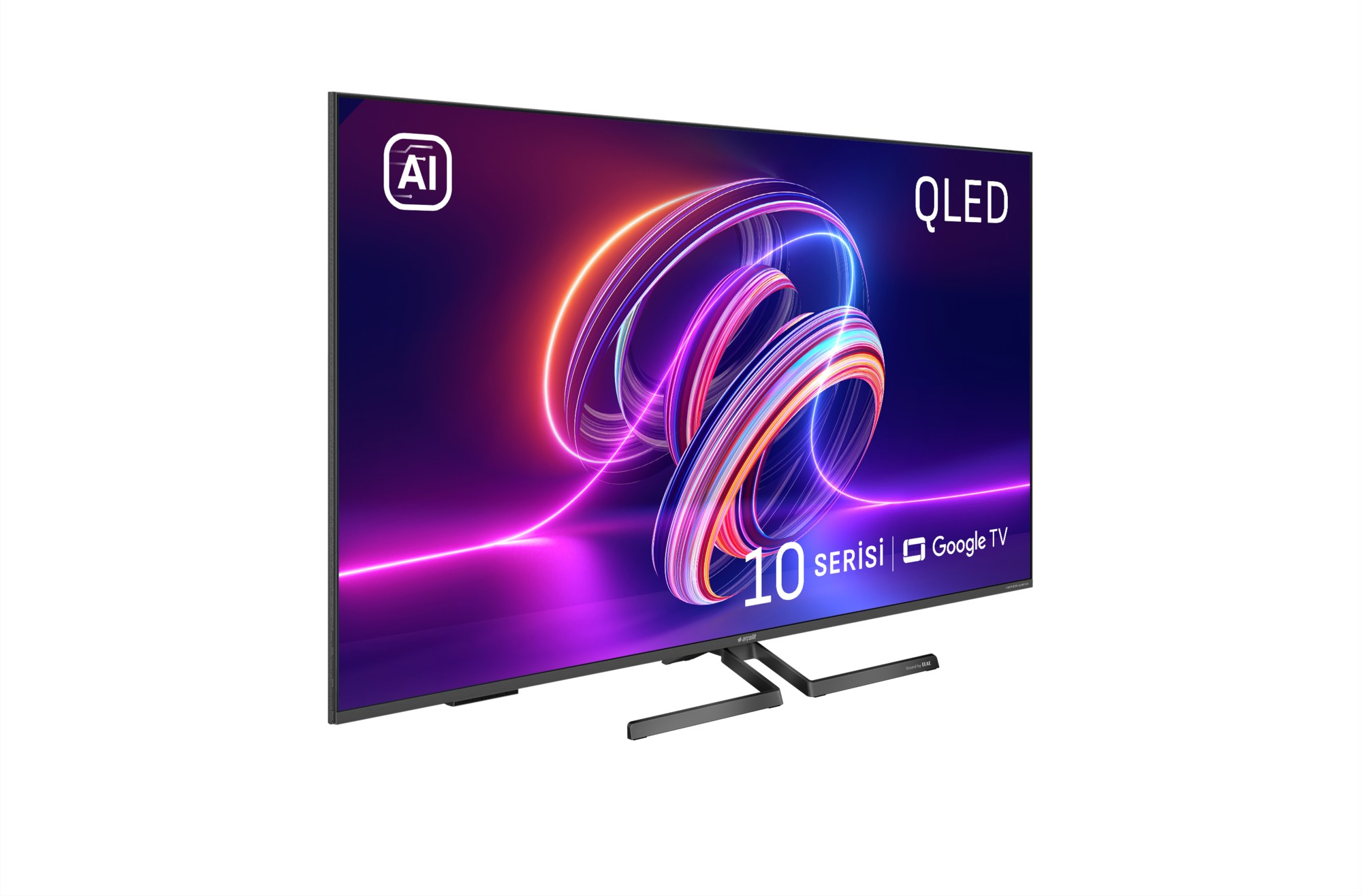 Ekranında AI logosu ve renkli halkalar bulunan modern bir QLED TV.