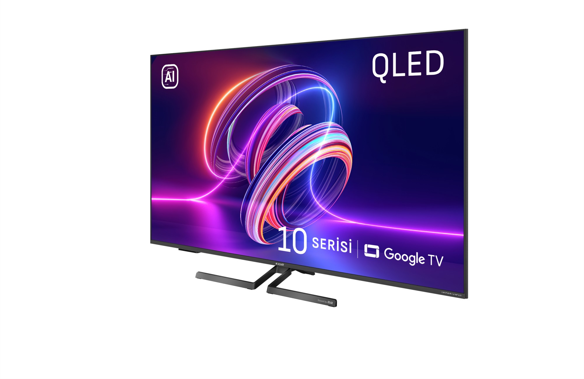 AI logosu, renkli spiral ve Google TV markalamasına sahip bir QLED TV.
