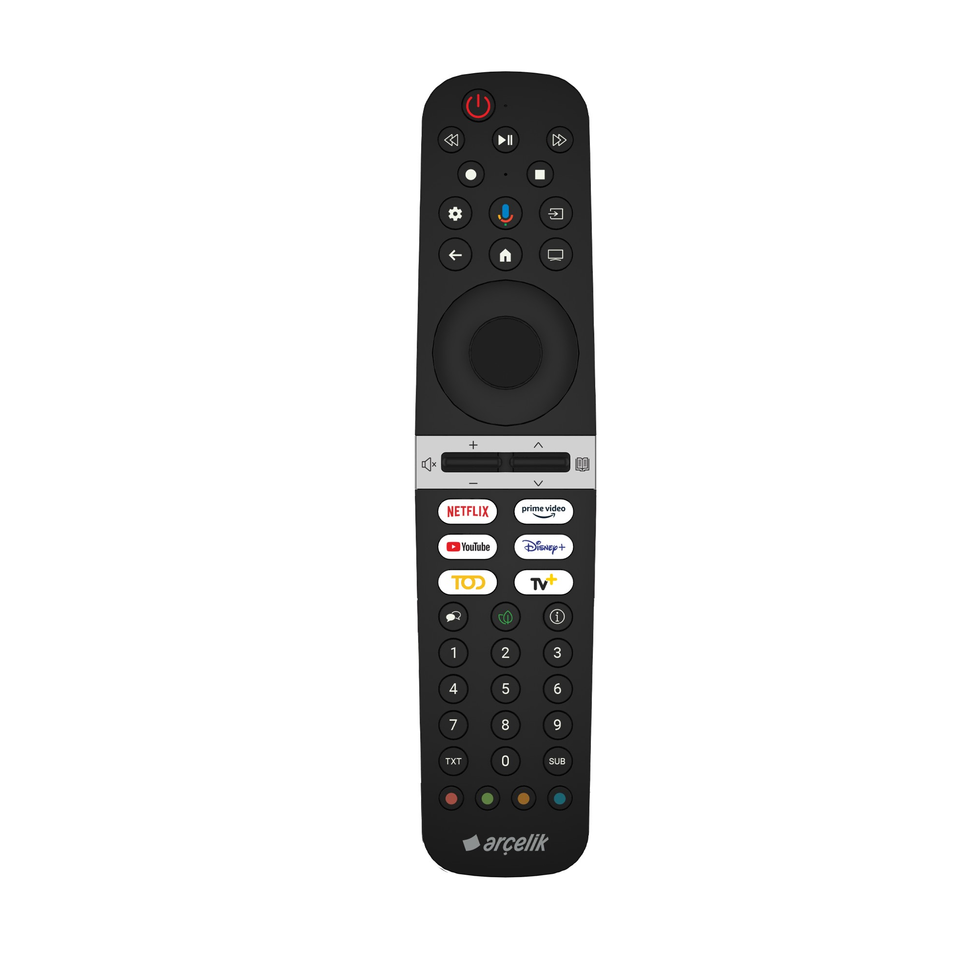 Netflix gibi uygulama simgeleri ve birçok düğmesi olan siyah bir uzaktan kumanda.
