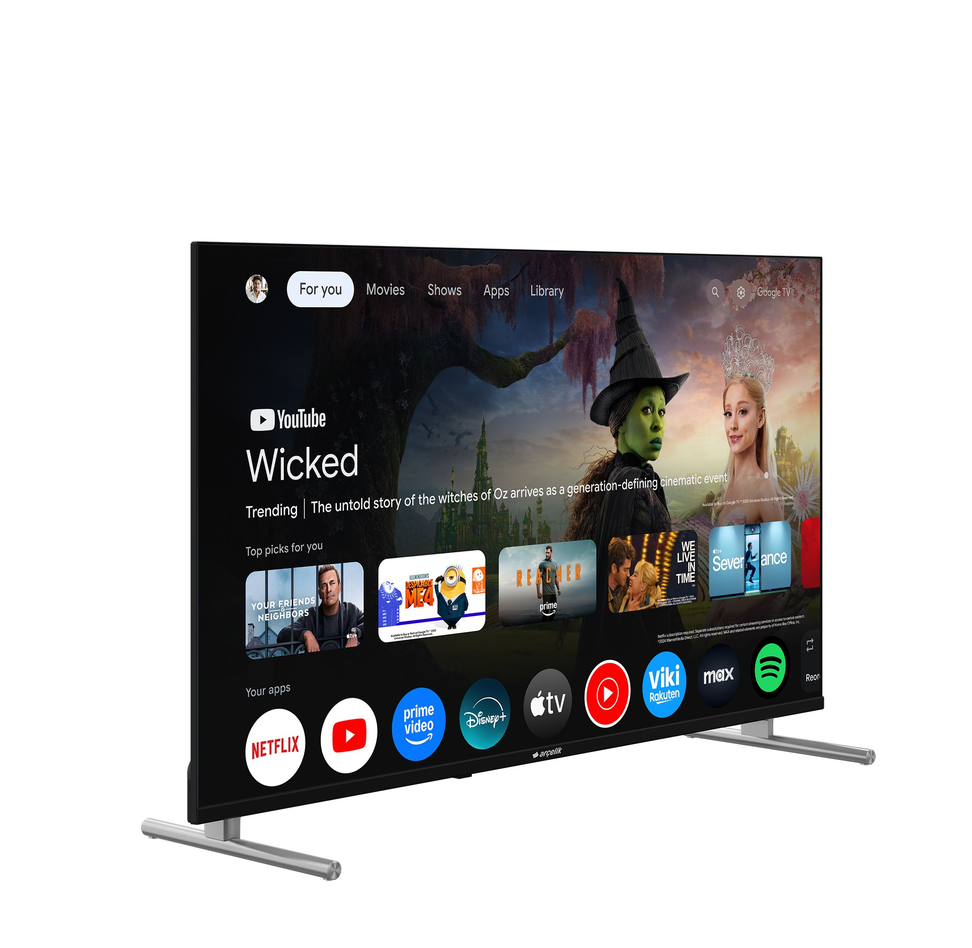 Netflix, YouTube gibi film ve uygulamaları gösteren modern bir Google TV arayüzlü televizyon.