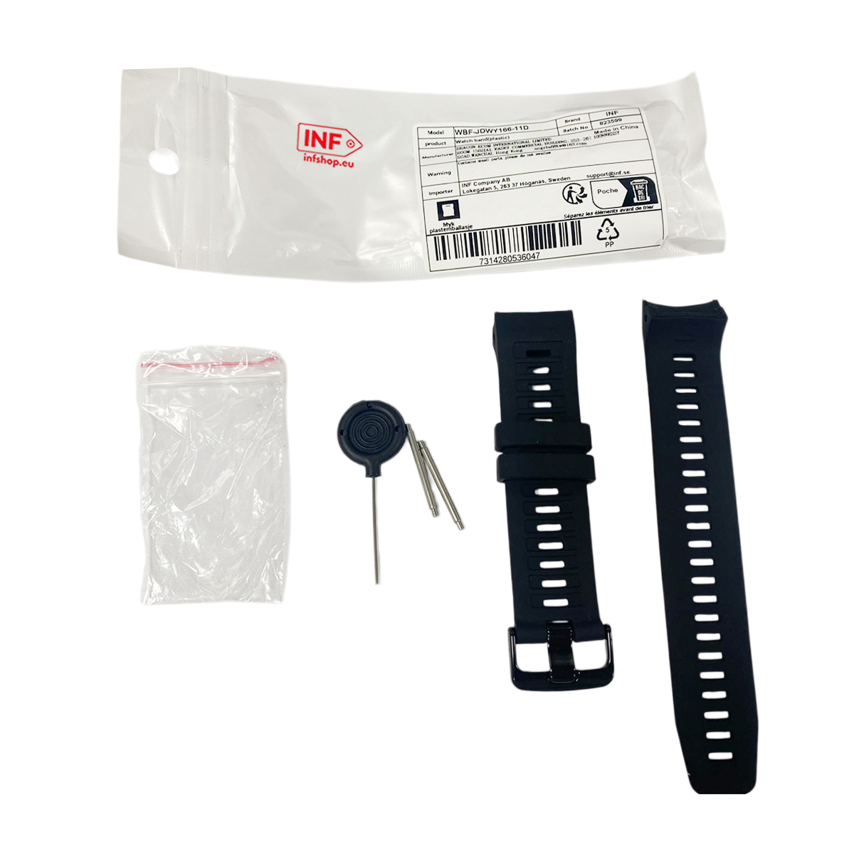 Czarny pasek do zegarka z narzędziem i opakowaniem.