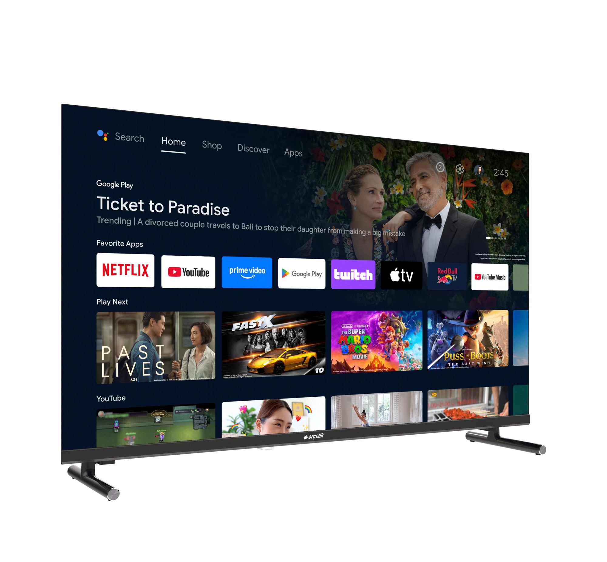 Bir TV ekranı, film ve uygulama simgeleriyle bir akıllı TV arayüzü görüntüler.