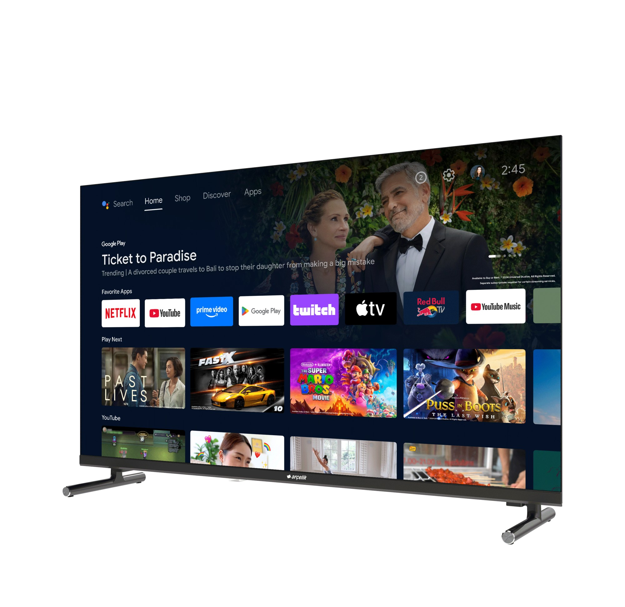 George Clooney'nin yer aldığı "Ticket to Paradise" ve uygulama simgeleri gösteren Smart TV.