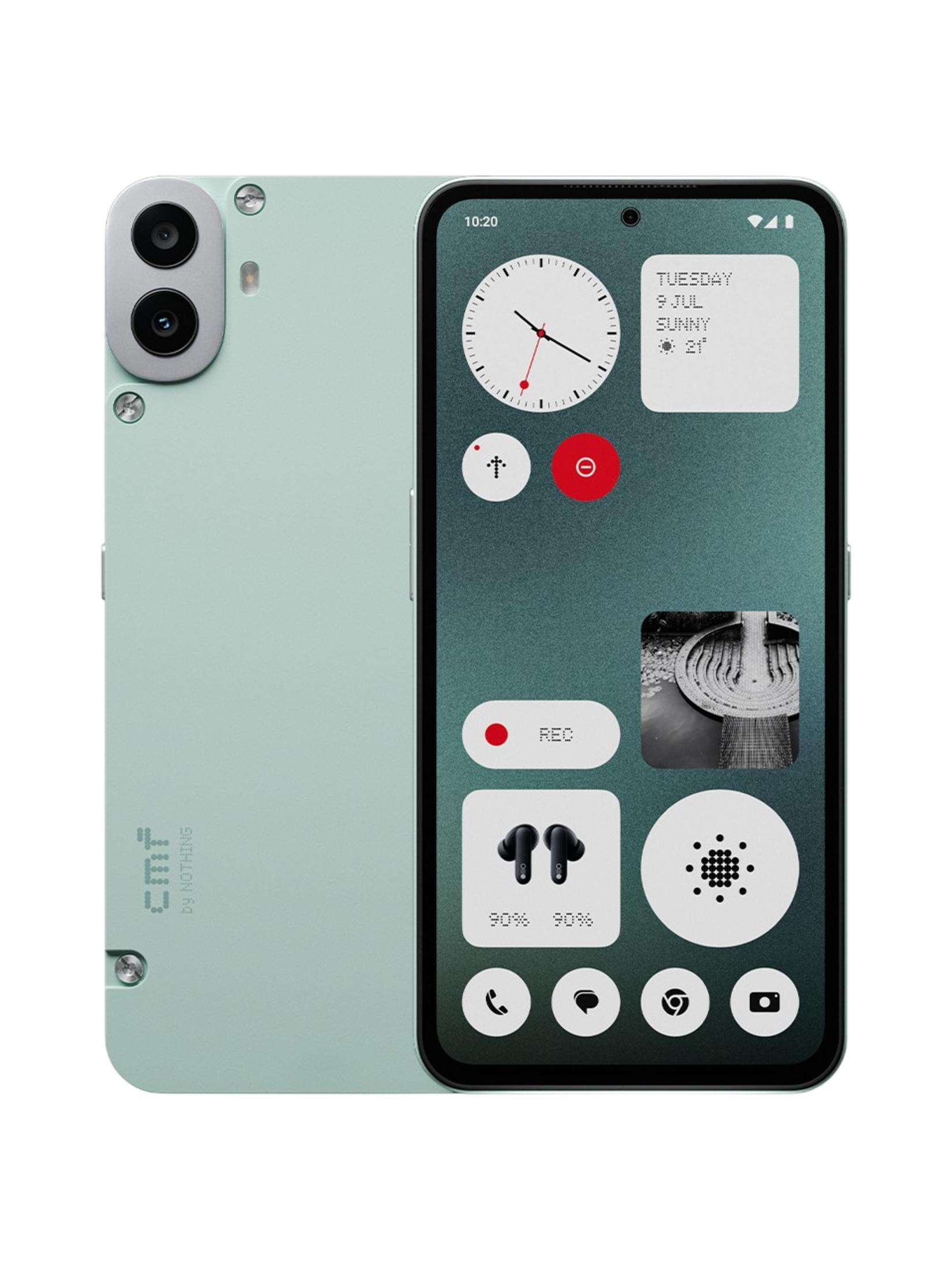 Arkada çift kamera ve widget'lar gösteren ekrana sahip açık yeşil bir akıllı telefon.