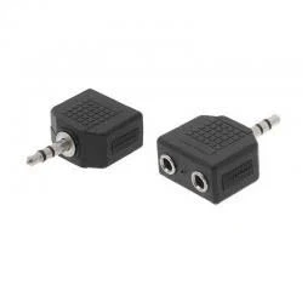 Deux adaptateurs répartiteurs audio noirs, un avec une prise 3,5 mm, deux avec des prises.