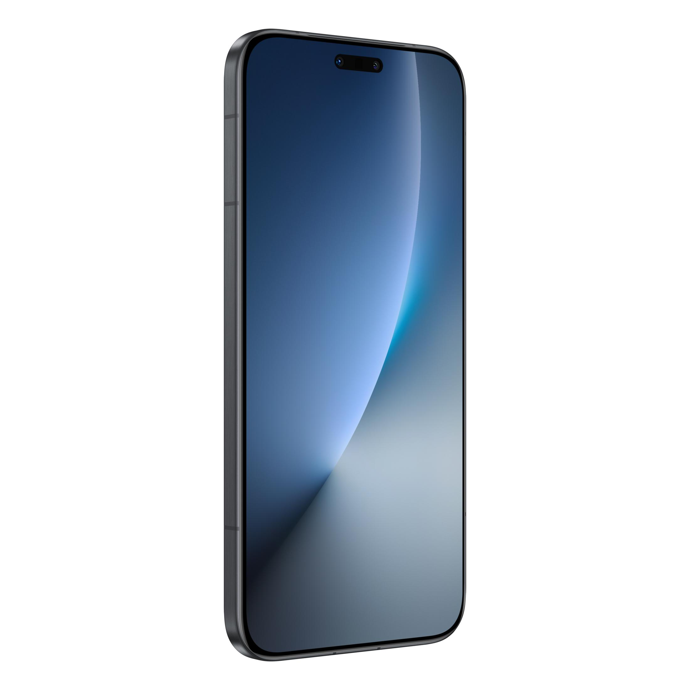 Beyaz arka plan üzerinde mavi ekranlı gri akıllı telefon.