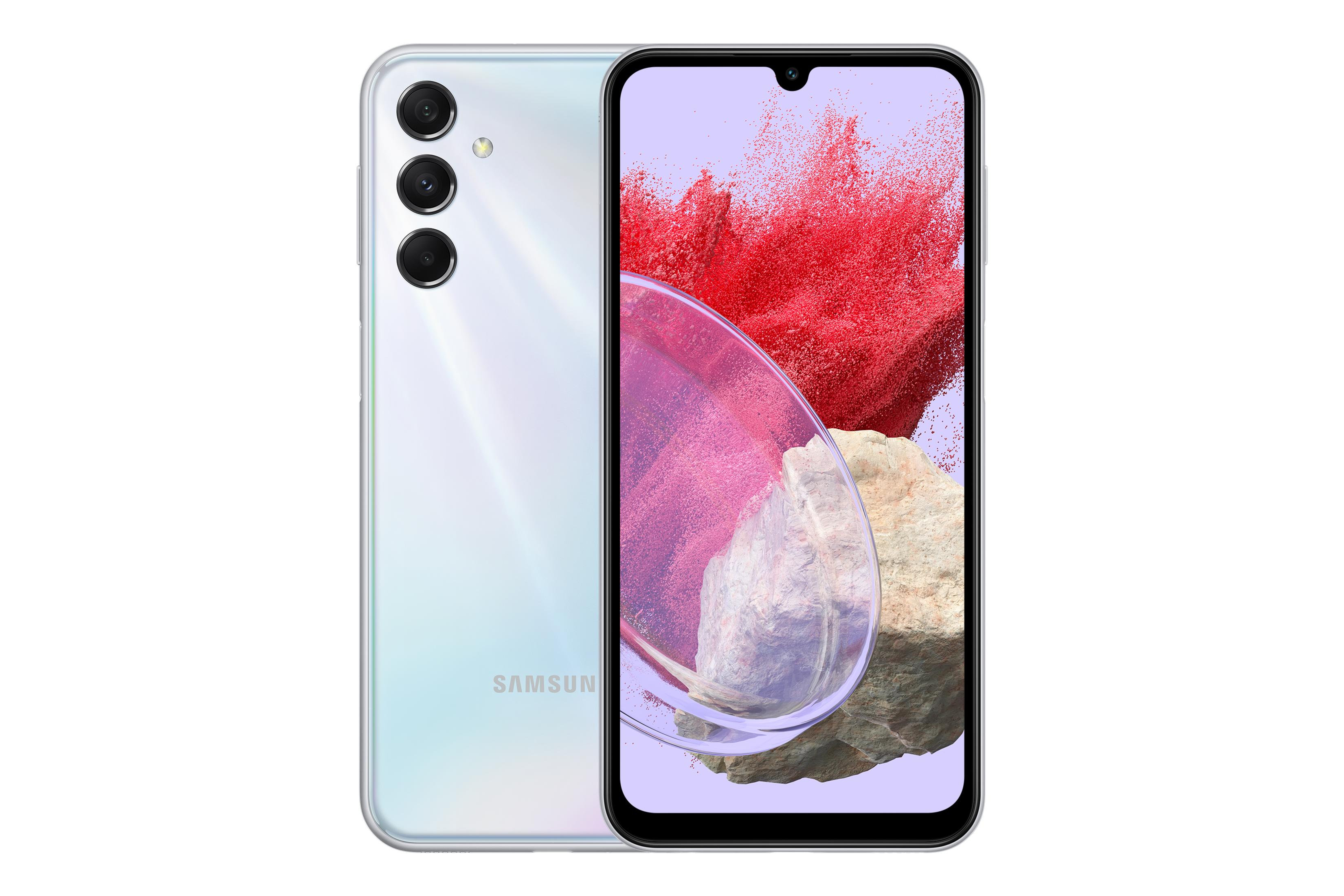 Arkada üç kamerası olan beyaz akıllı telefon, beyaz arka plan üzerinde renkli ekrana sahip.