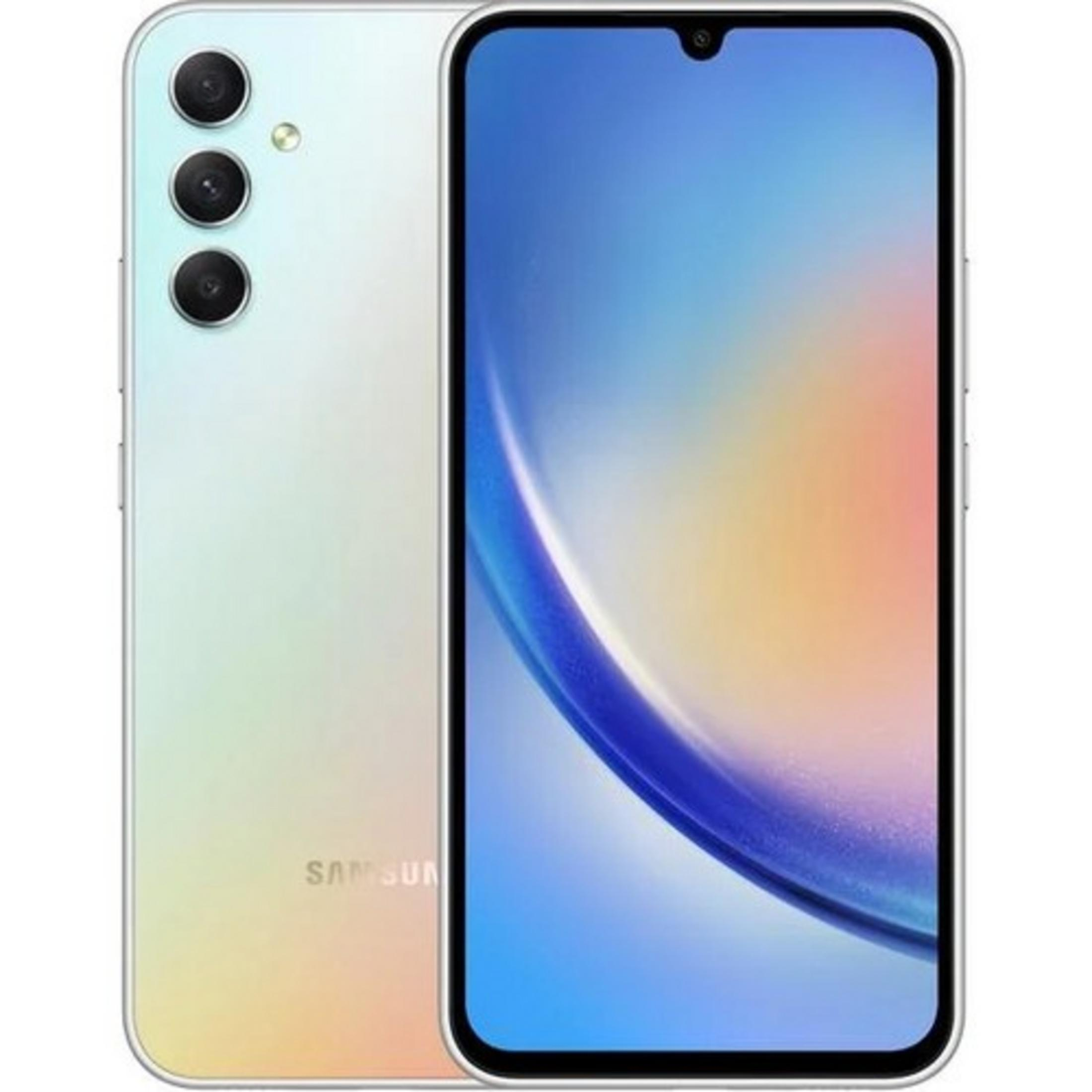 Arkada üç kamerası ve mavi ekranı olan açık yeşil bir akıllı telefon.