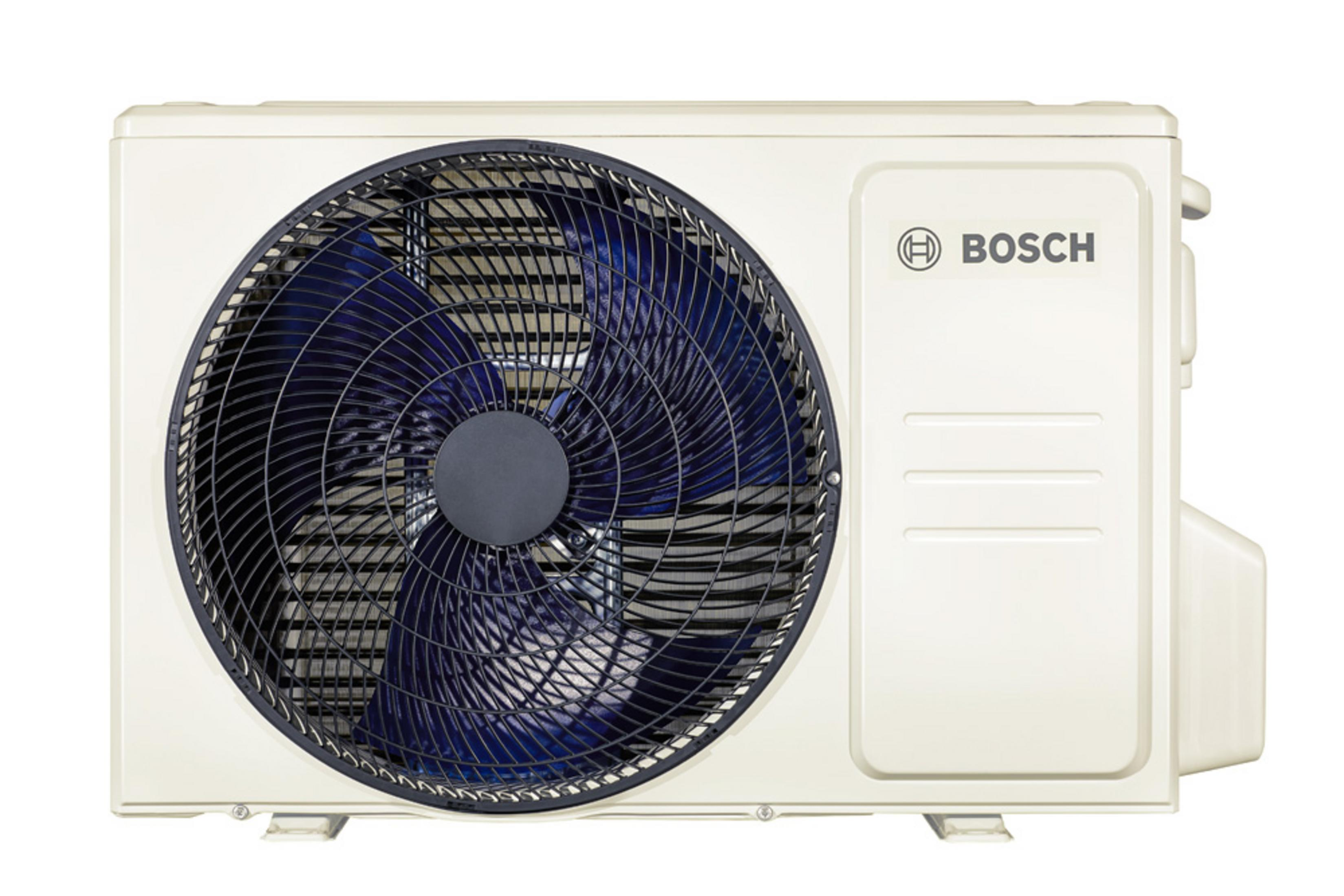 Mavi fanlı ve siyah ızgaralı beyaz Bosch klima dış üniteli.