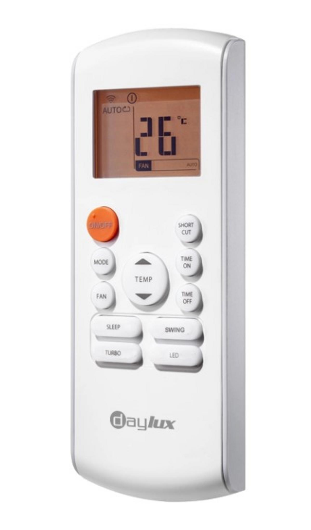 26 derece gösteren LCD ekranlı beyaz uzaktan kumanda.