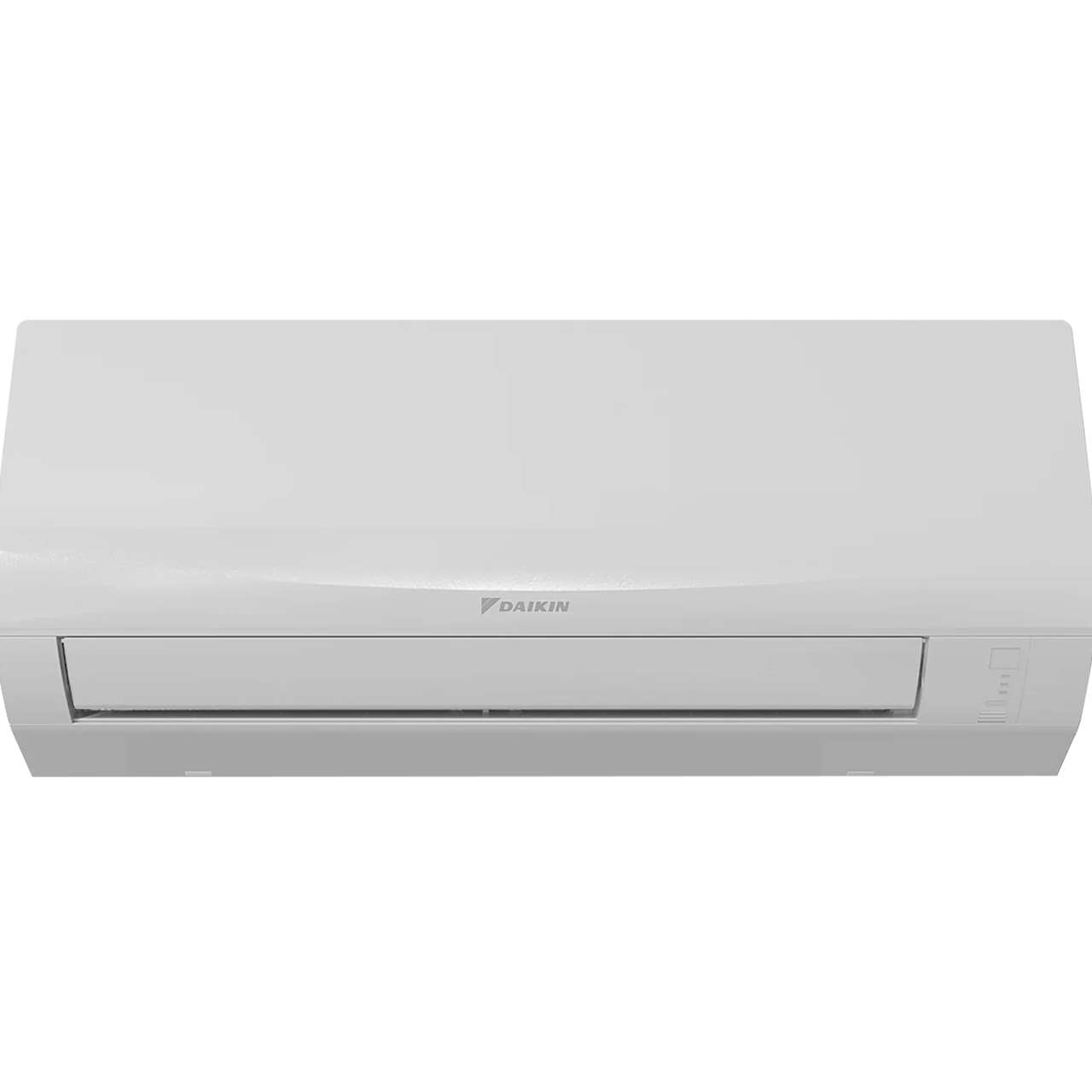 Görünür havalandırma delikleri ve logosu olan beyaz bir Daikin klima.