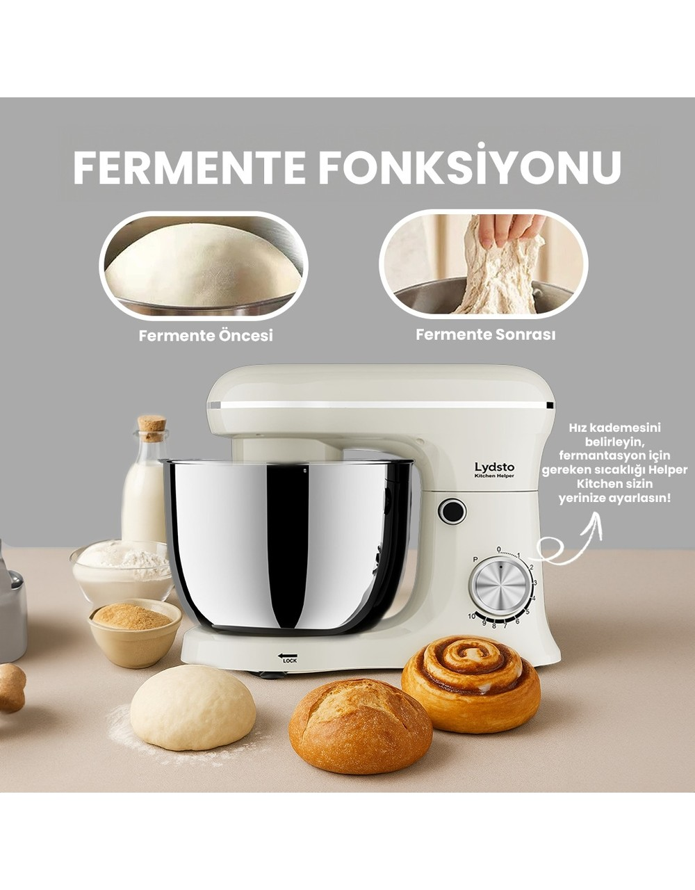 Hamur, ekmek ve tarçınlı çörek olan mutfak mikseri.