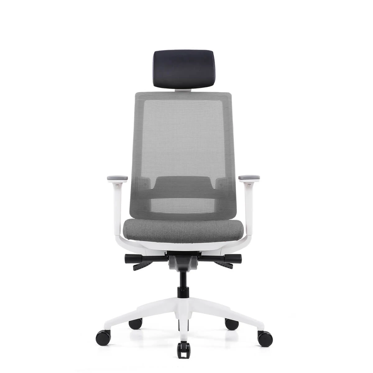 Nowoczesne krzesło biurowe z szarą siatkową oparcia, siedziskiem i czarnym zagłówkiem.
