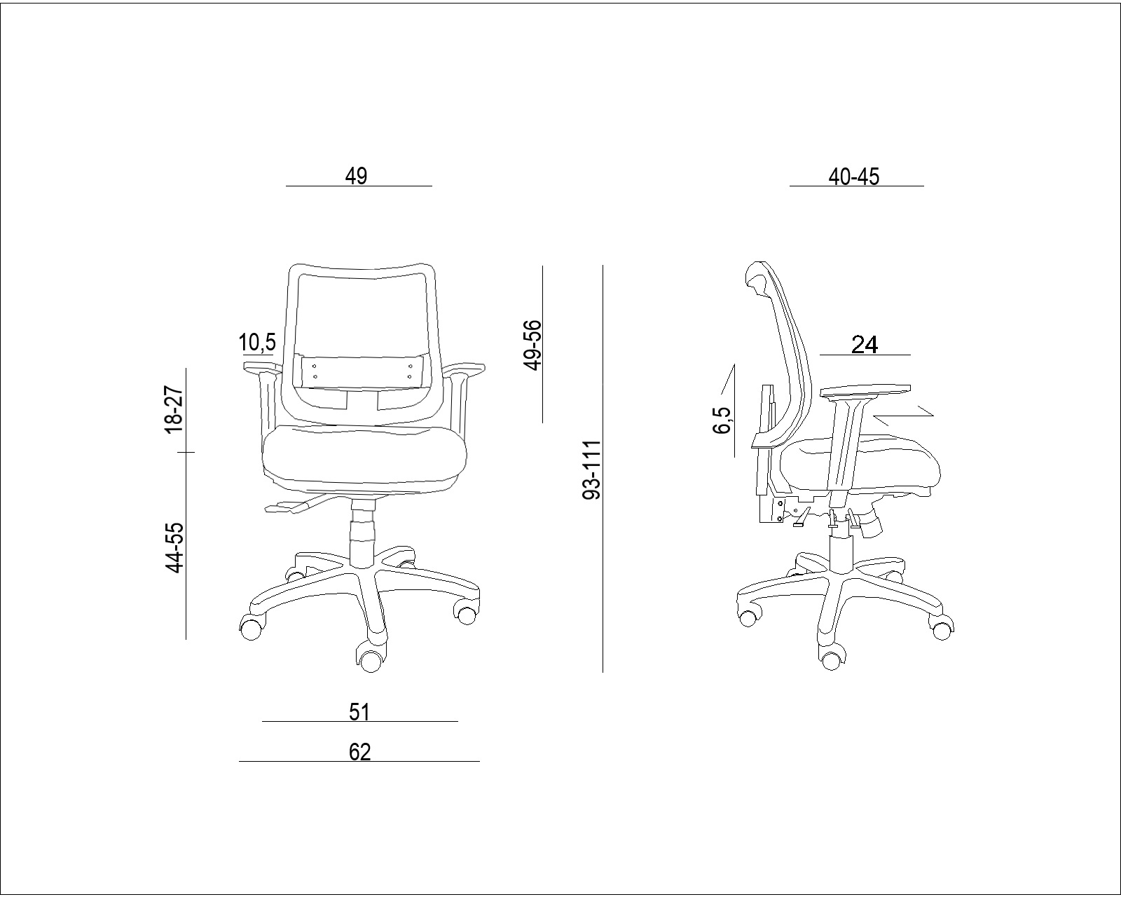 Rysunek techniczny krzesła biurowego z wymiarami.