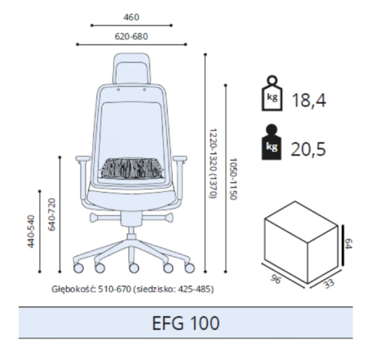 Rysunek techniczny krzesła biurowego z wymiarami i wagą.