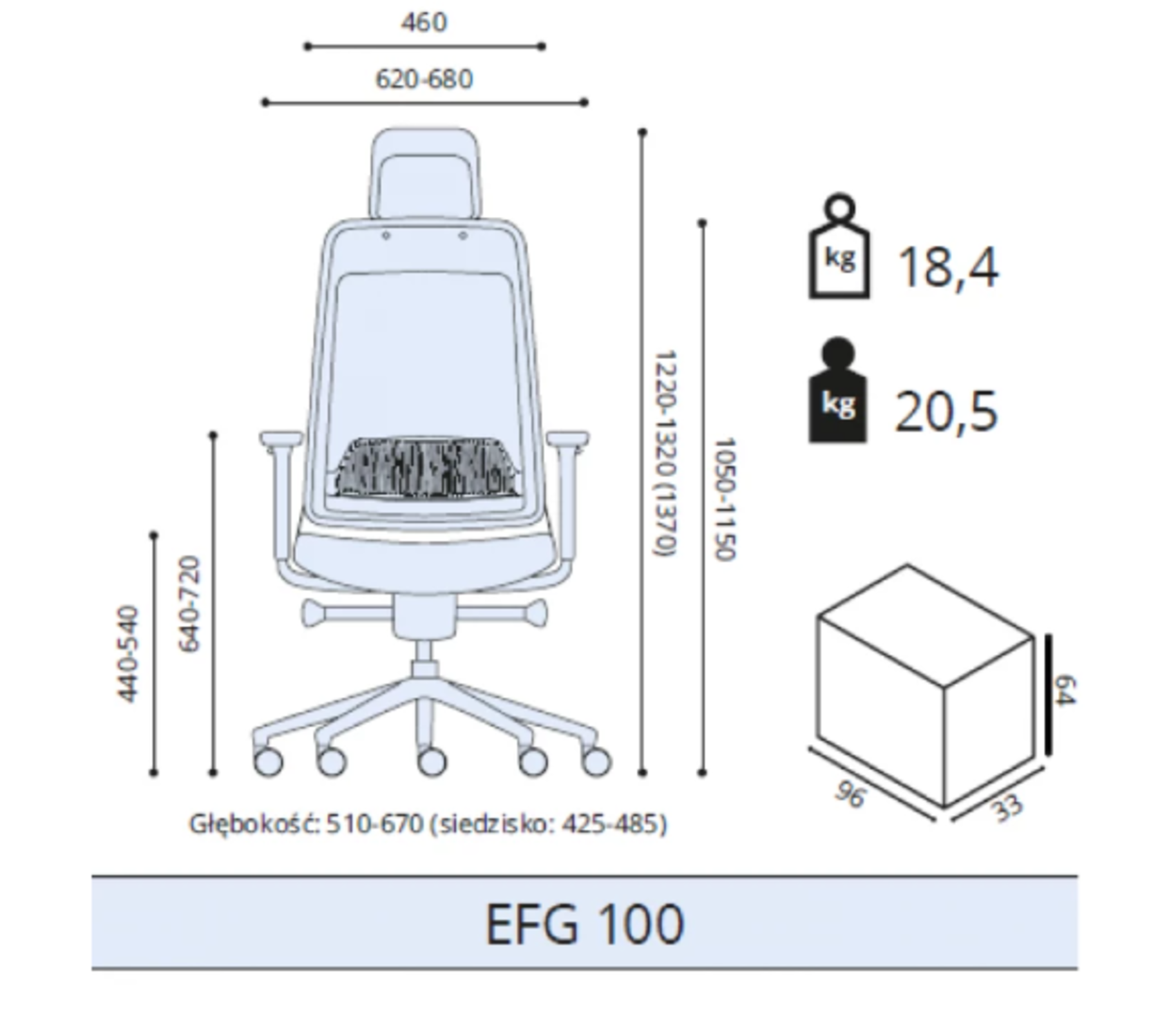 Rysunek techniczny krzesła biurowego z wymiarami i wagami.