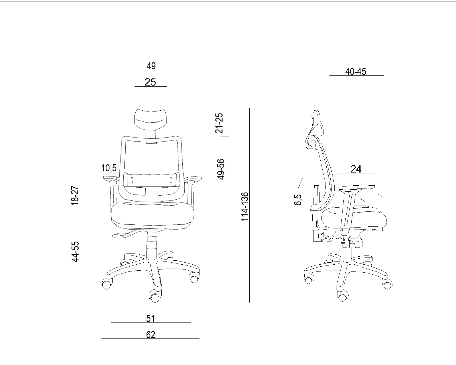 Rysunek techniczny krzesła biurowego z wymiarami.