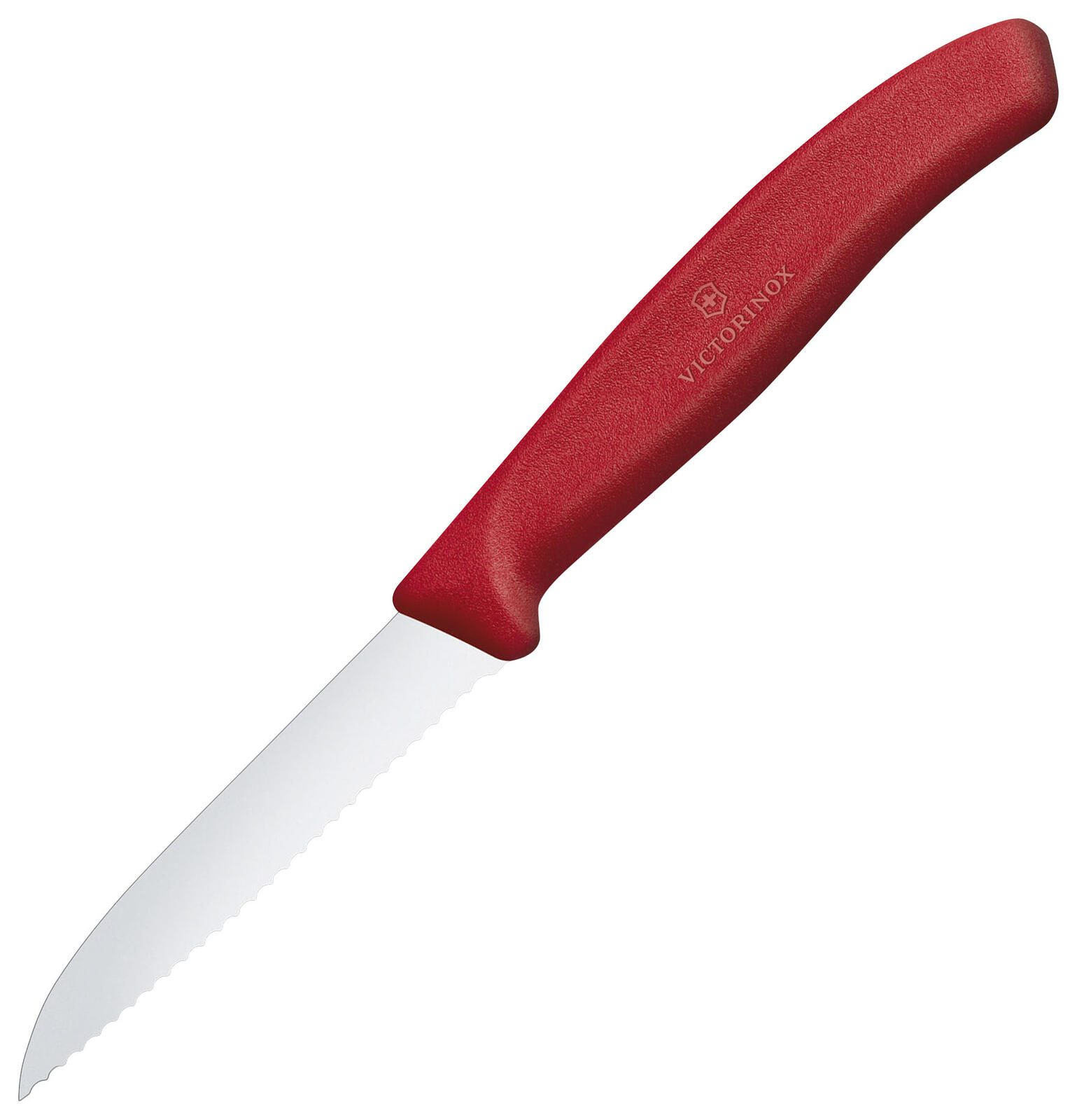 Gümüş bıçaklı kırmızı Victorinox tırtıklı bıçak beyaz arka planda.