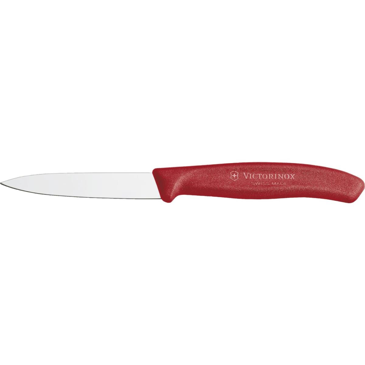 Gümüş bıçaklı kırmızı Victorinox bıçağı, beyaz arka plan üzerinde.