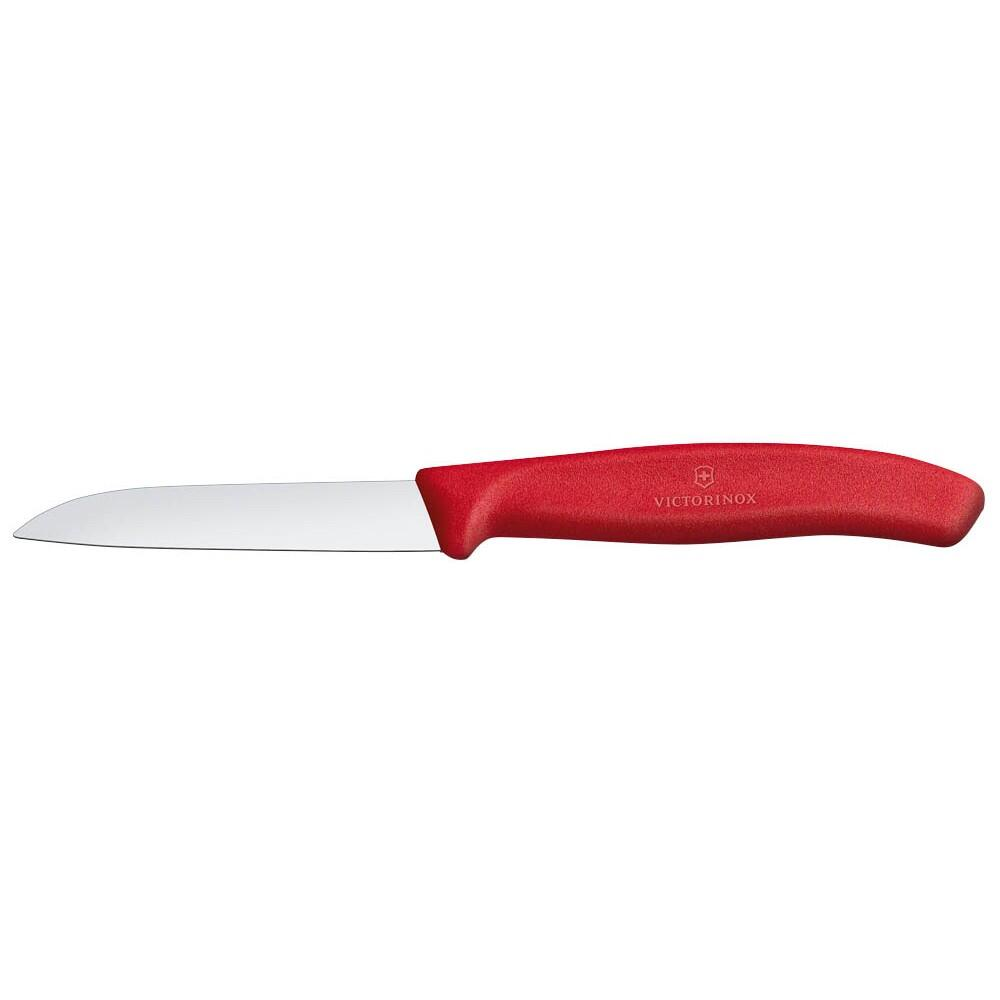 Parlak bıçaklı ve logolu kırmızı bir Victorinox bıçağı.